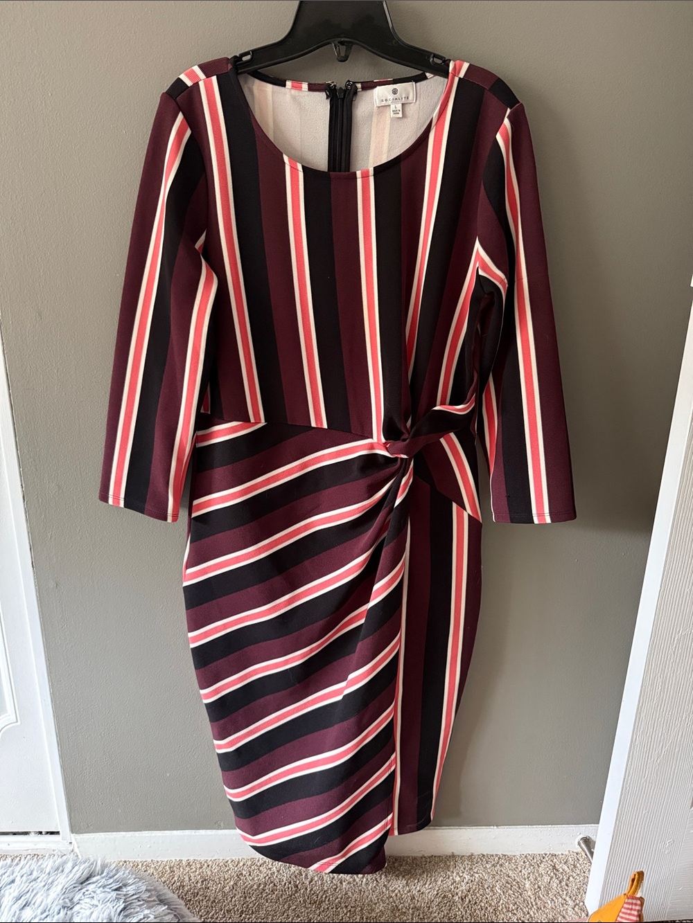 Socialite womens Striped Twist-Waist Sheath Dress - Burgundy, pink, and Black ✨
